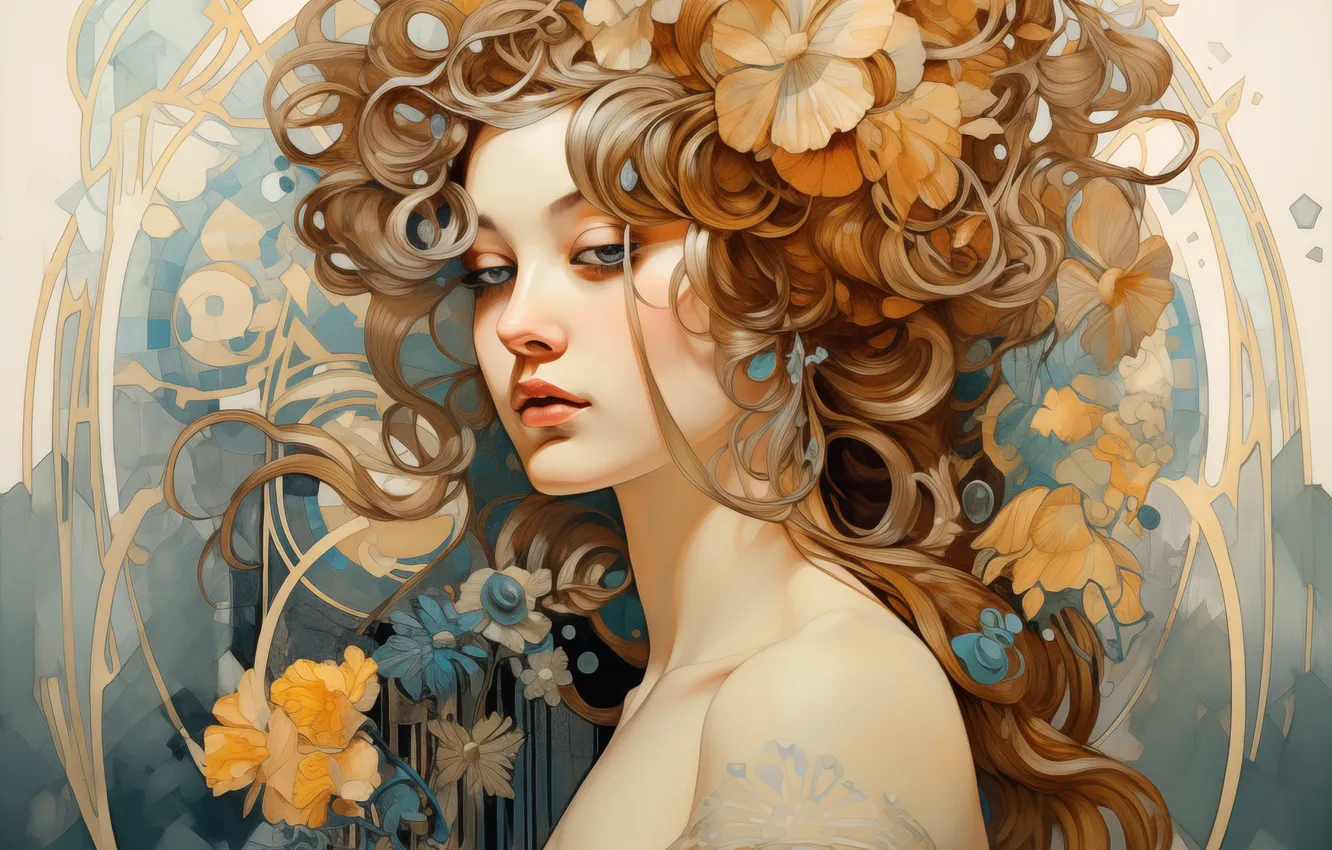 Photo wallpaper girl, flowers, hair, brown hair, digital art, AI art, The Art of Artificial Intelligence, neural …