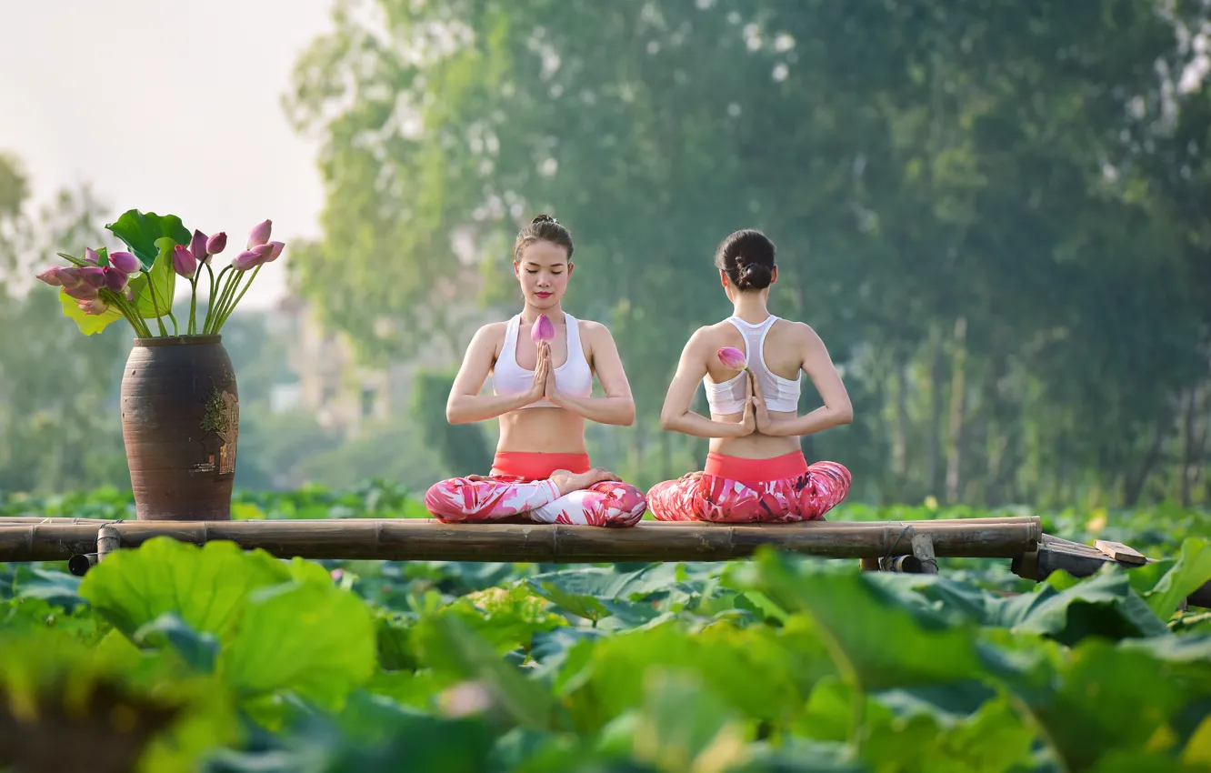 Photo wallpaper summer, girl, flowers, concentration, gymnastics, yoga, Asian