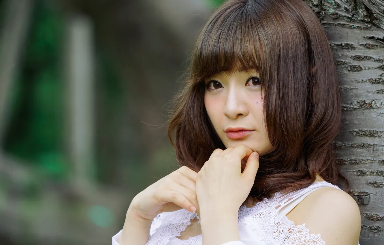 Photo wallpaper girl, blouse, long hair, beautiful, pretty, lips, face, asian