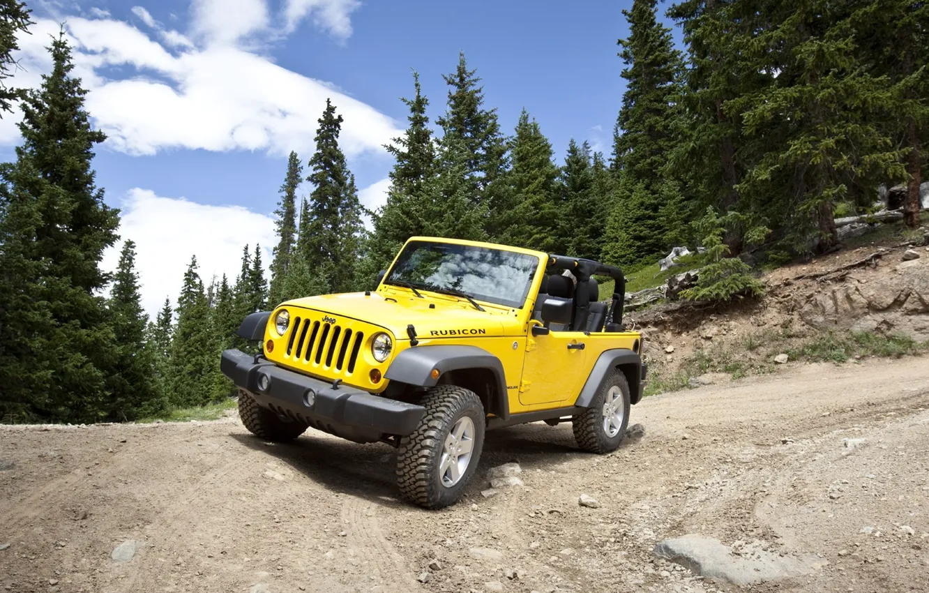 Photo wallpaper road, yellow, jeep, serpentine, Jeep Wrangler 2011