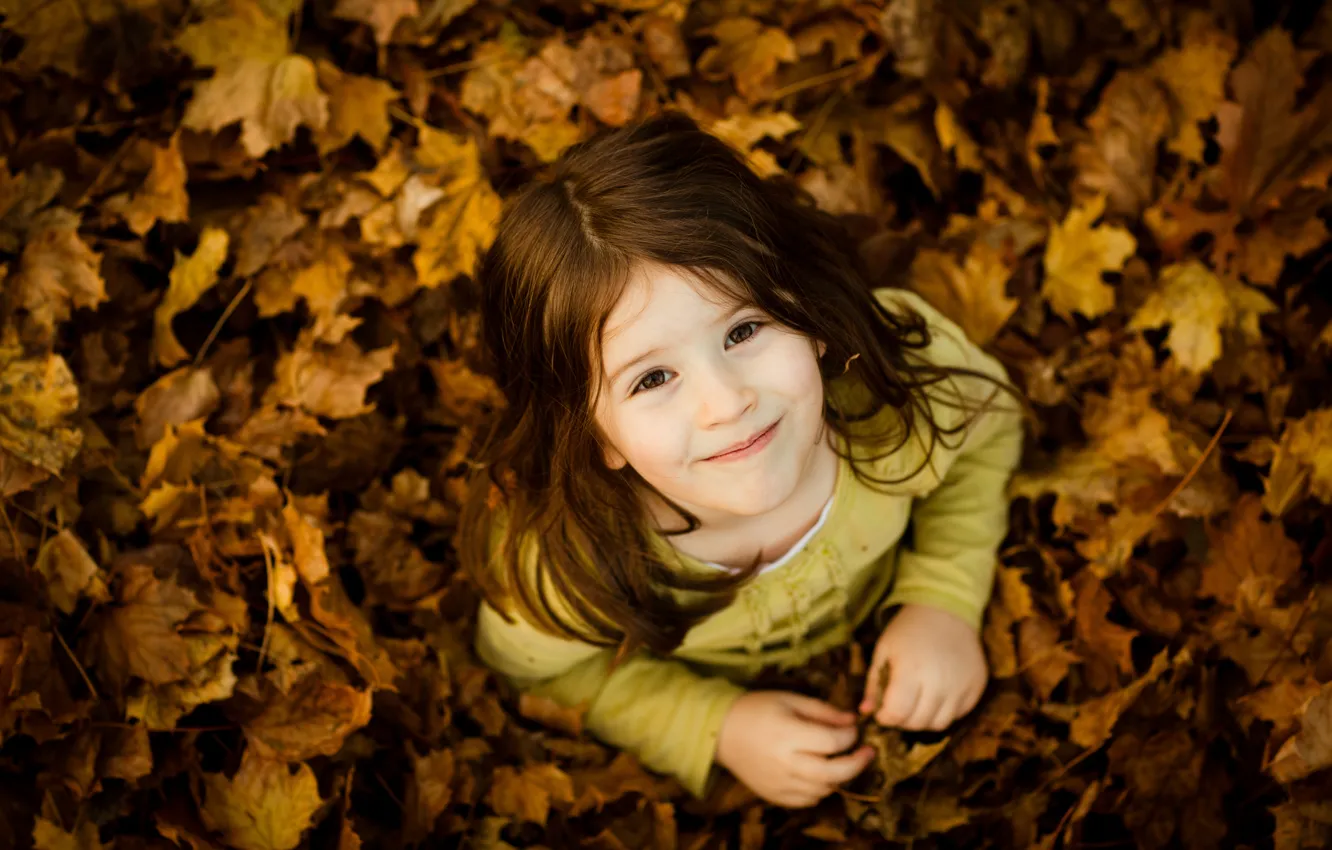 Photo wallpaper autumn, children, smile, mood, baby, girl