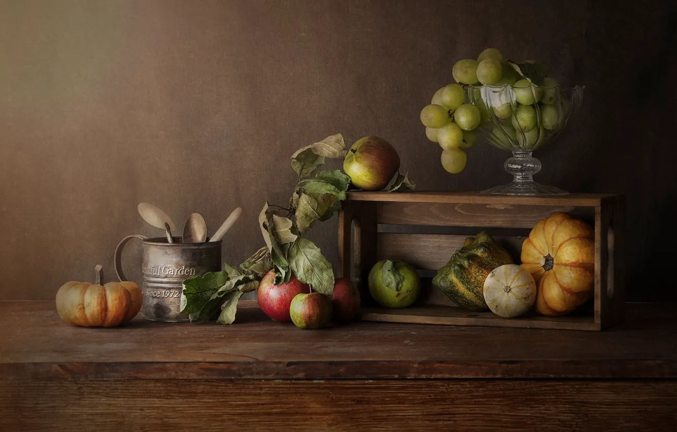 Photo wallpaper leaves, table, apples, grapes, spoon, mug, pumpkin, fruit