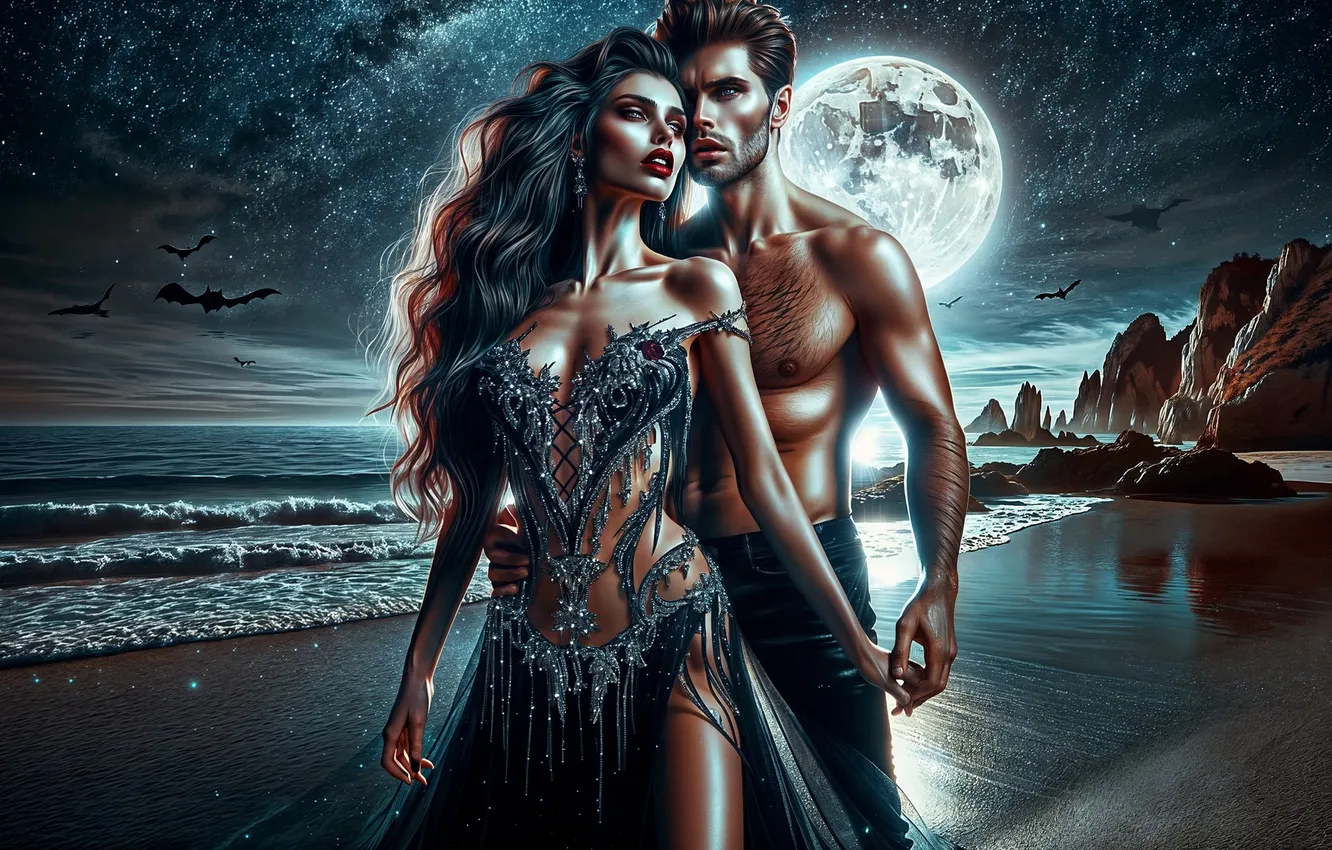 Photo wallpaper beach, girl, night, the moon, pair, guy, two