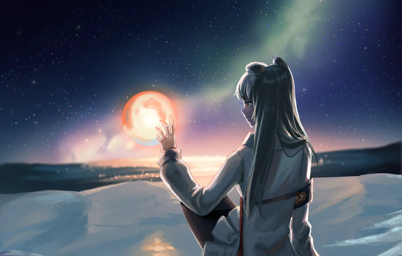 Photo wallpaper girl, snow, night, lights, magic, Northern lights, fantasy, Arknights
