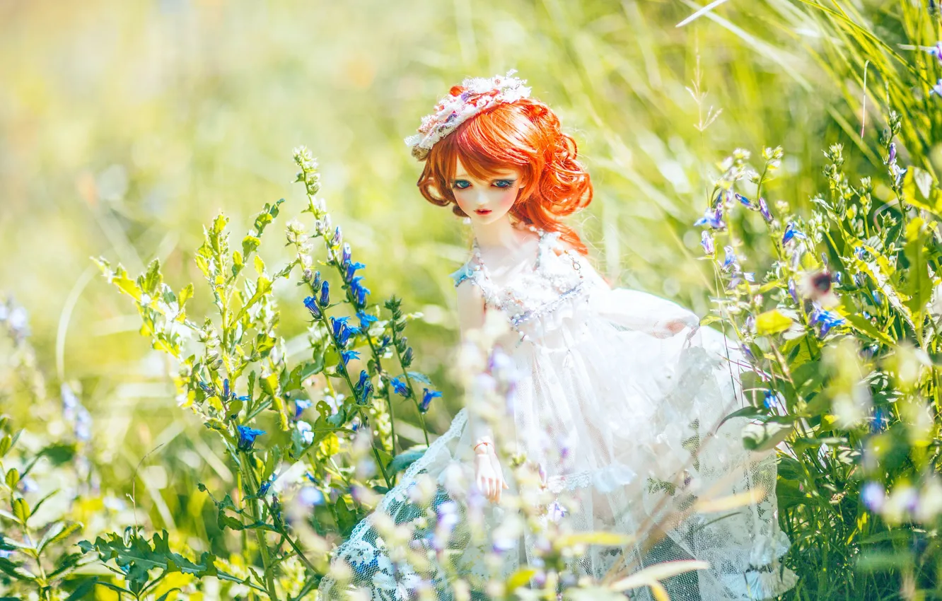 Photo wallpaper greens, white, summer, grass, girl, light, flowers, nature