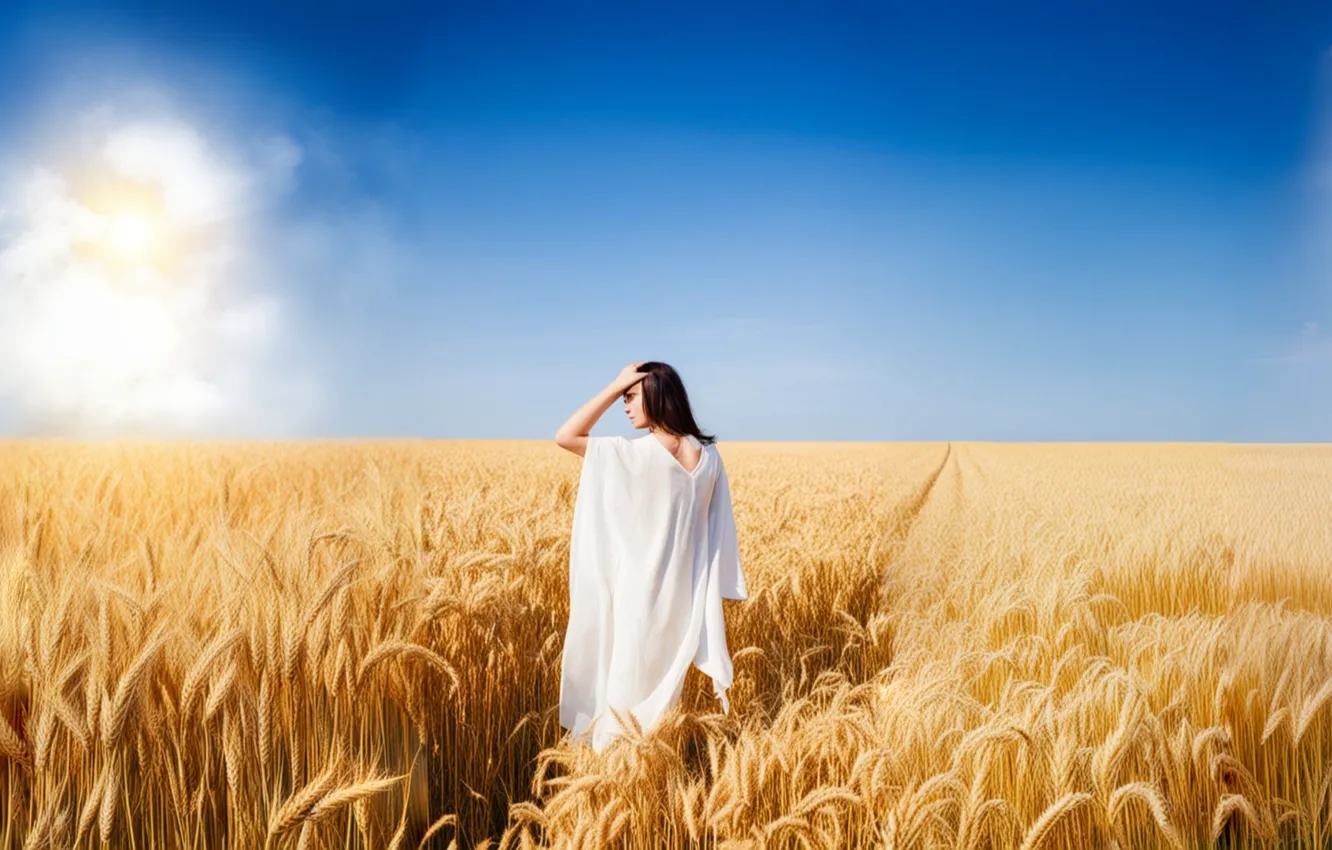 Photo wallpaper wheat, field, summer, the sky, girl, landscape, nature, AI ART