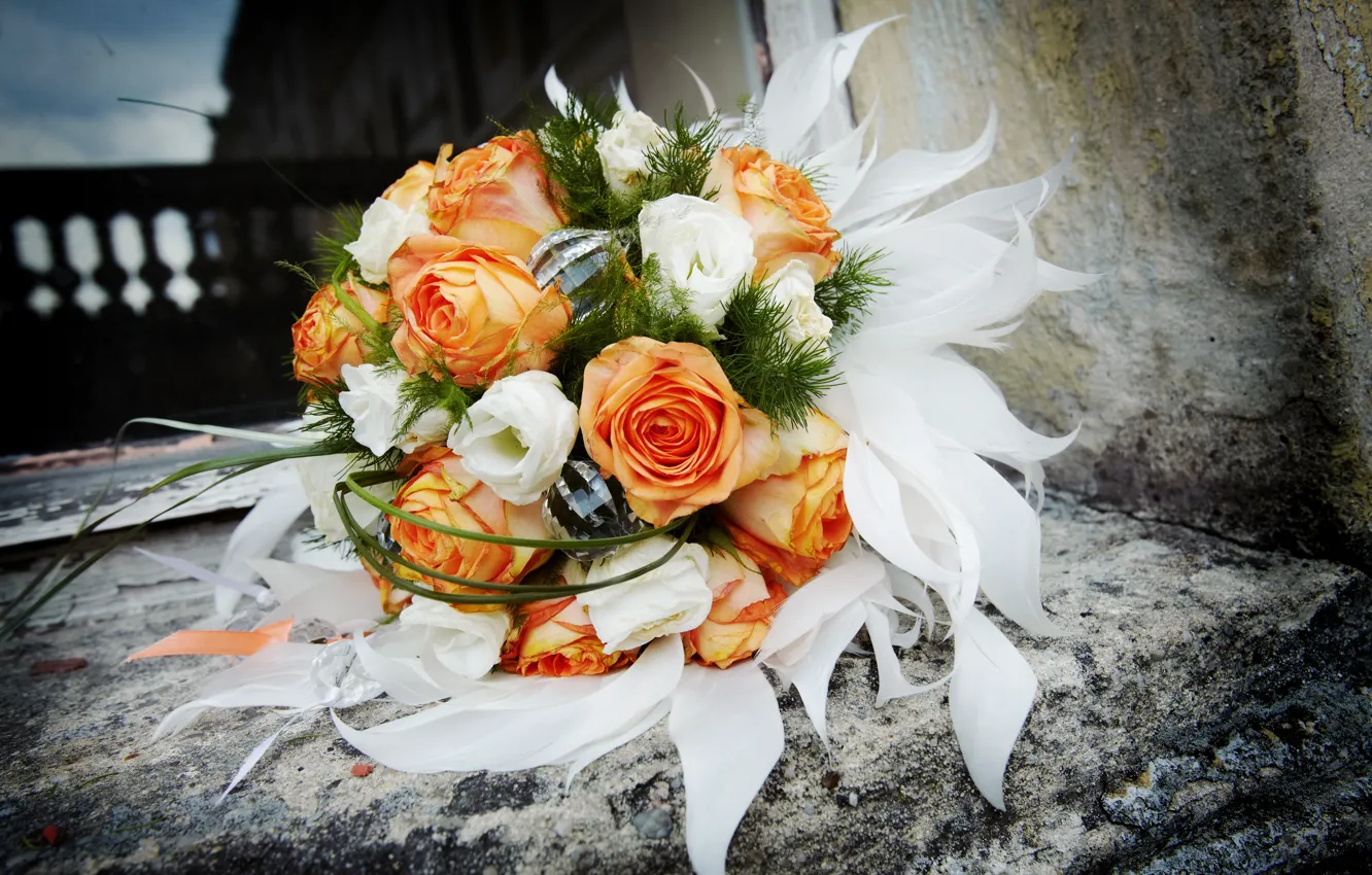 Photo wallpaper flowers, stones, roses, bouquet, white, orange