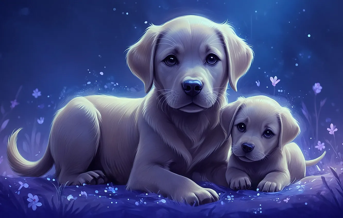 Photo wallpaper flowers, dog, meadow, puppy