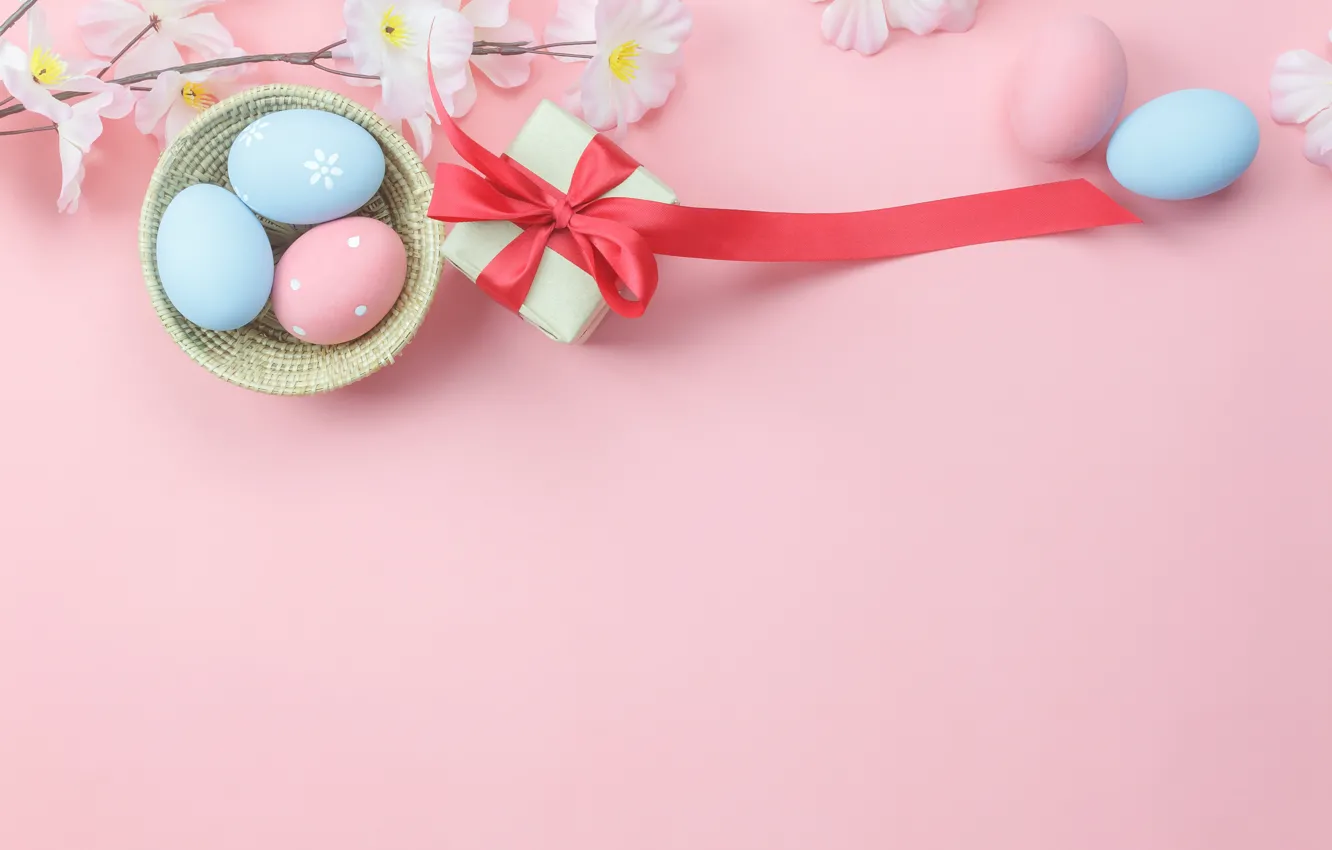 Photo wallpaper flowers, background, gift, eggs, spring, Easter, pink, wood
