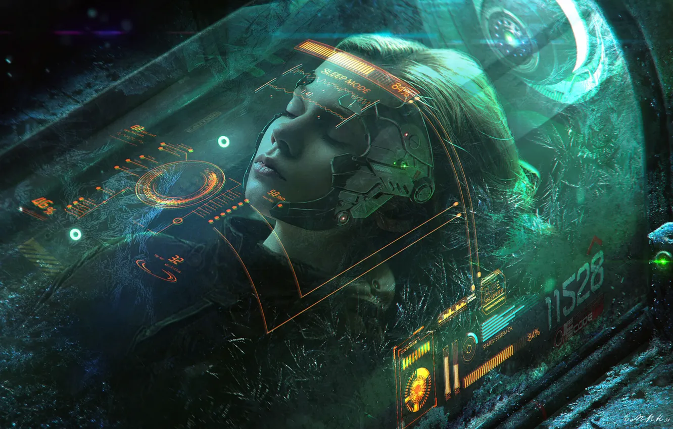 Photo wallpaper girl, science fiction, sci-fi, digital art, artwork, fantasy art, cold, sleeping