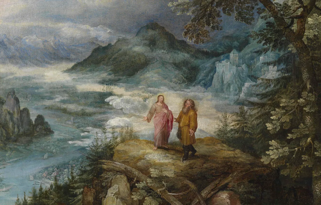Photo wallpaper picture, religion, mythology, Jan Brueghel the elder, Mountain Landscape with the Temptation of Christ