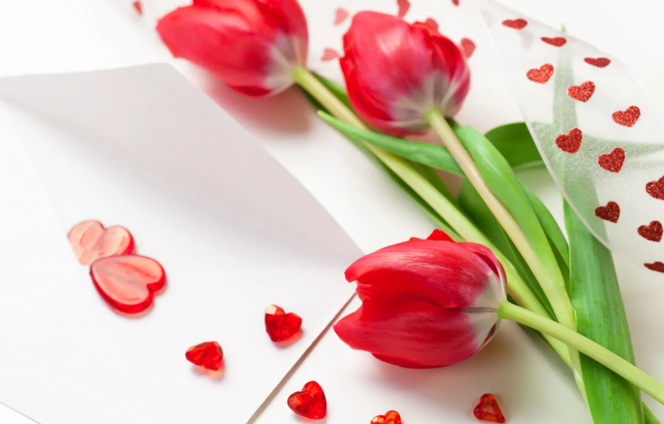 Photo wallpaper red, hearts, tulips, March 8, spring