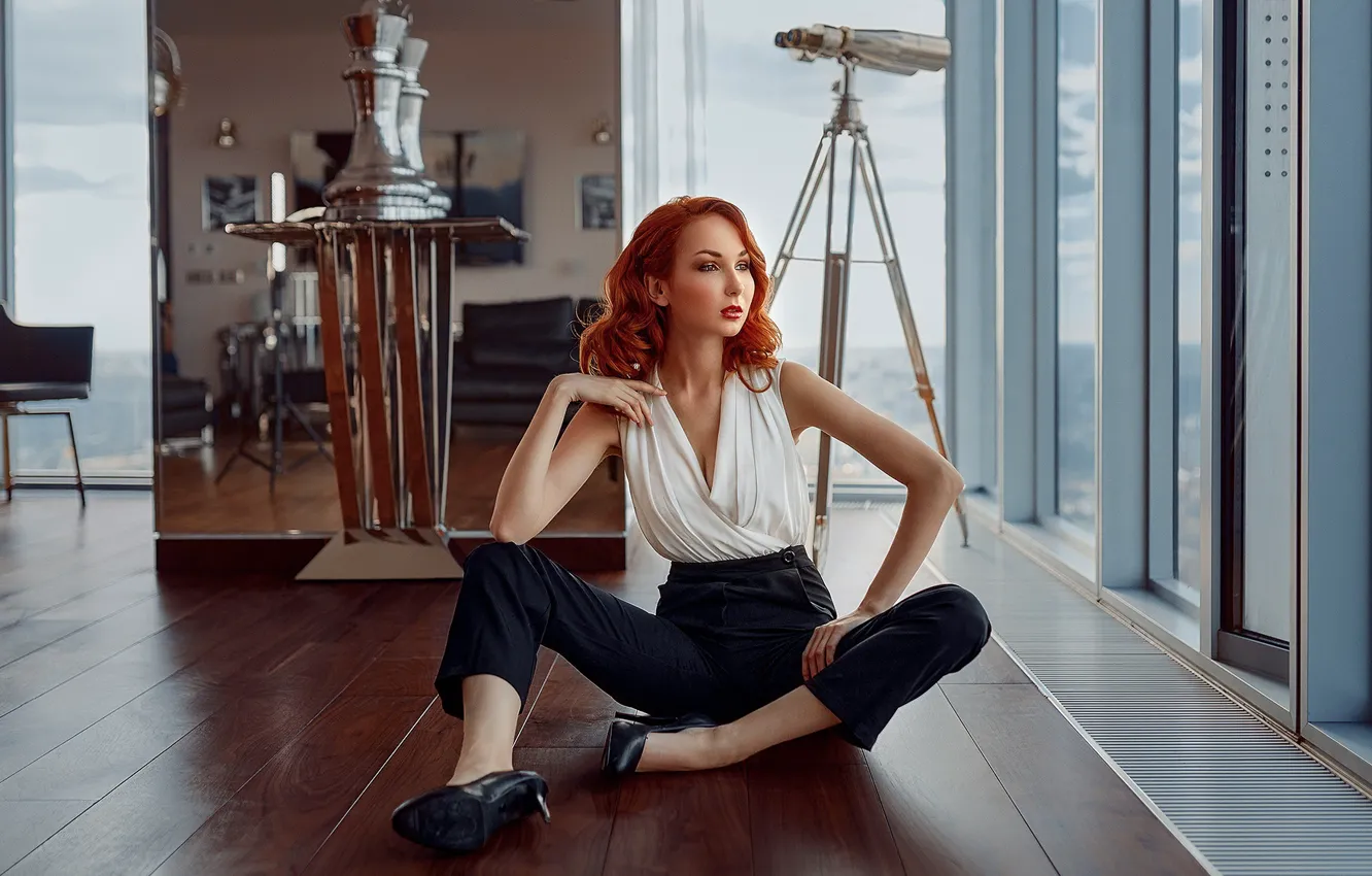 Photo wallpaper girl, pose, window, red, redhead, on the floor, pants, Andrey Metelkov