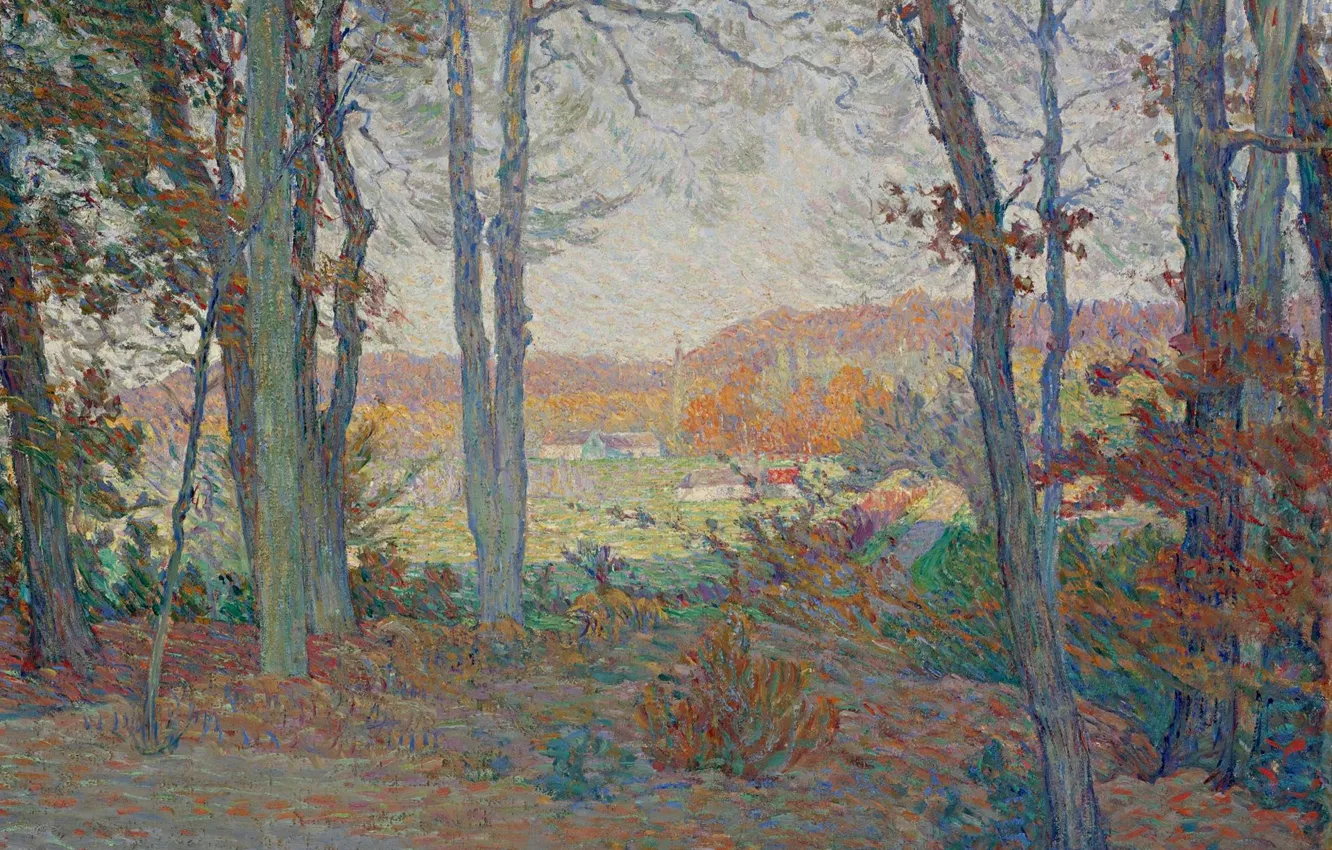 Photo wallpaper autumn, forest, landscape, home, Henri Lebacq, Landscape with House in the Woods in Saint Thomas