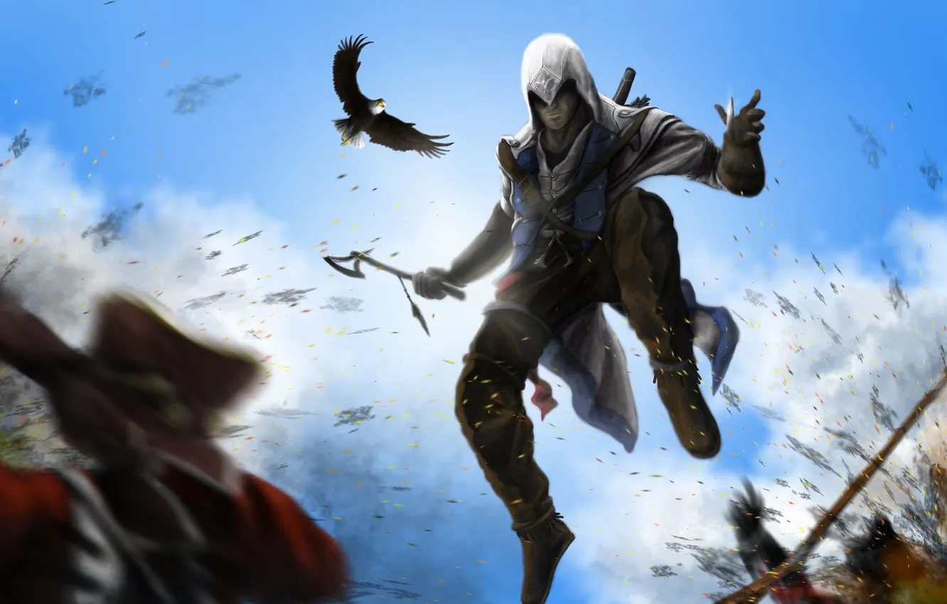 Photo wallpaper jump, eagle, explosions, soldiers, assassin, assassins creed 3, Connor kenuey, Radiohead