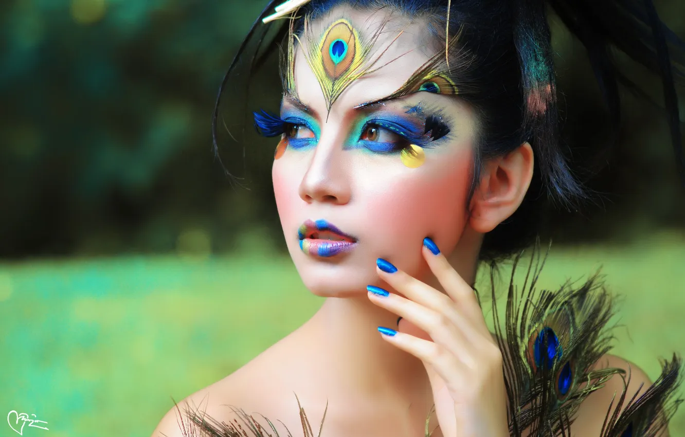 Photo wallpaper eyes, girl, face, eyelashes, makeup, hairstyle, peacock feathers, hands manicure