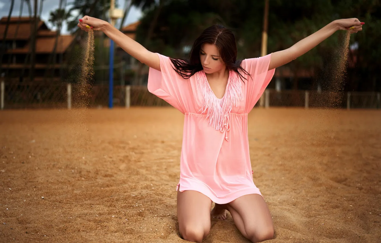 Photo wallpaper sand, summer, look, palm trees, dress, legs, beauty, photographer