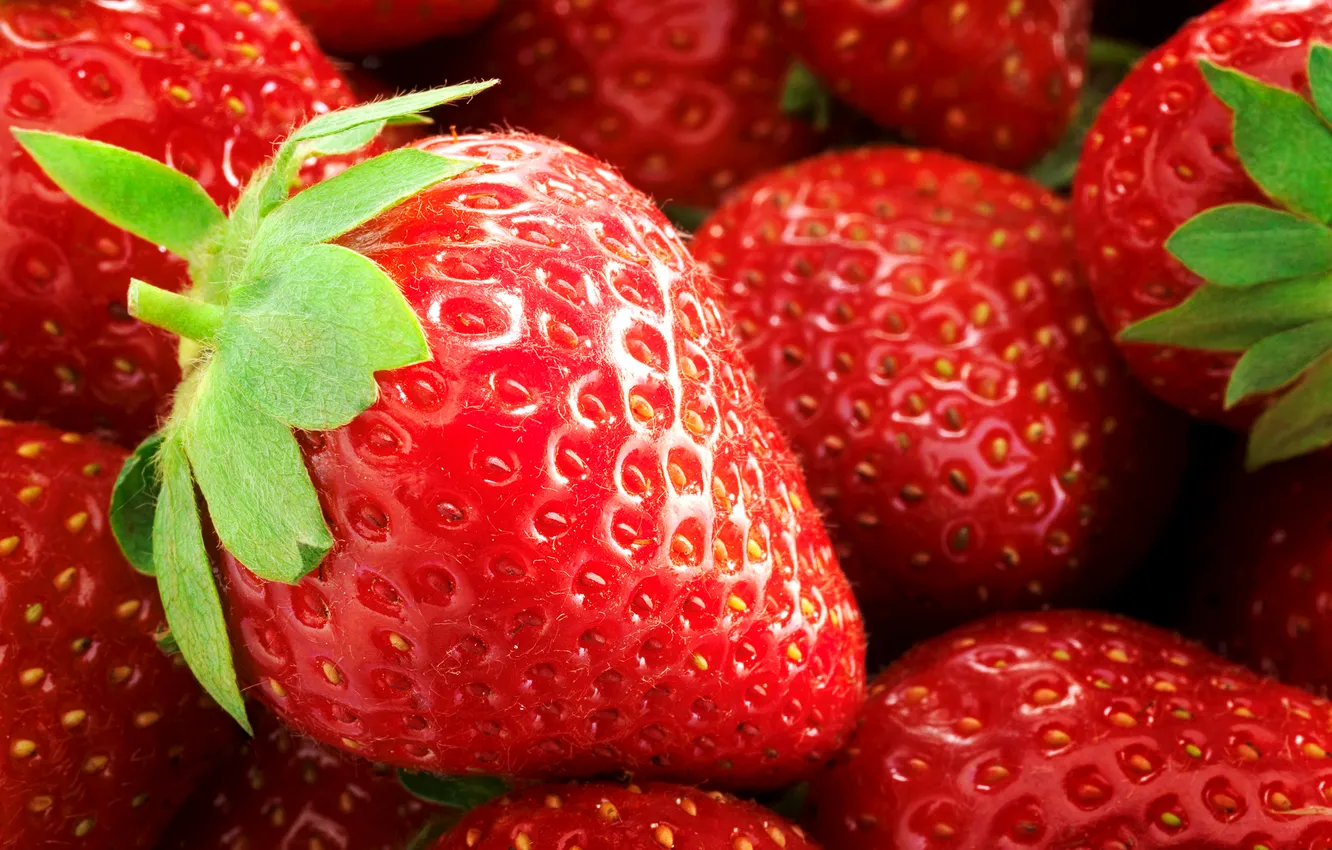 Photo wallpaper macro, strawberries, strawberry, berry, leaf