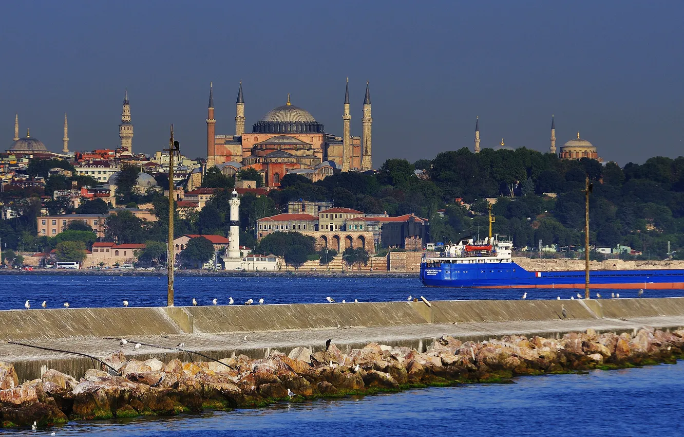 Photo wallpaper sea, birds, Strait, ship, mosque, Istanbul, Turkey, the minaret
