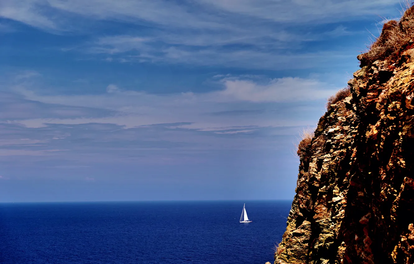 Photo wallpaper sea, seascape, boat, sunny, cliff, sailing