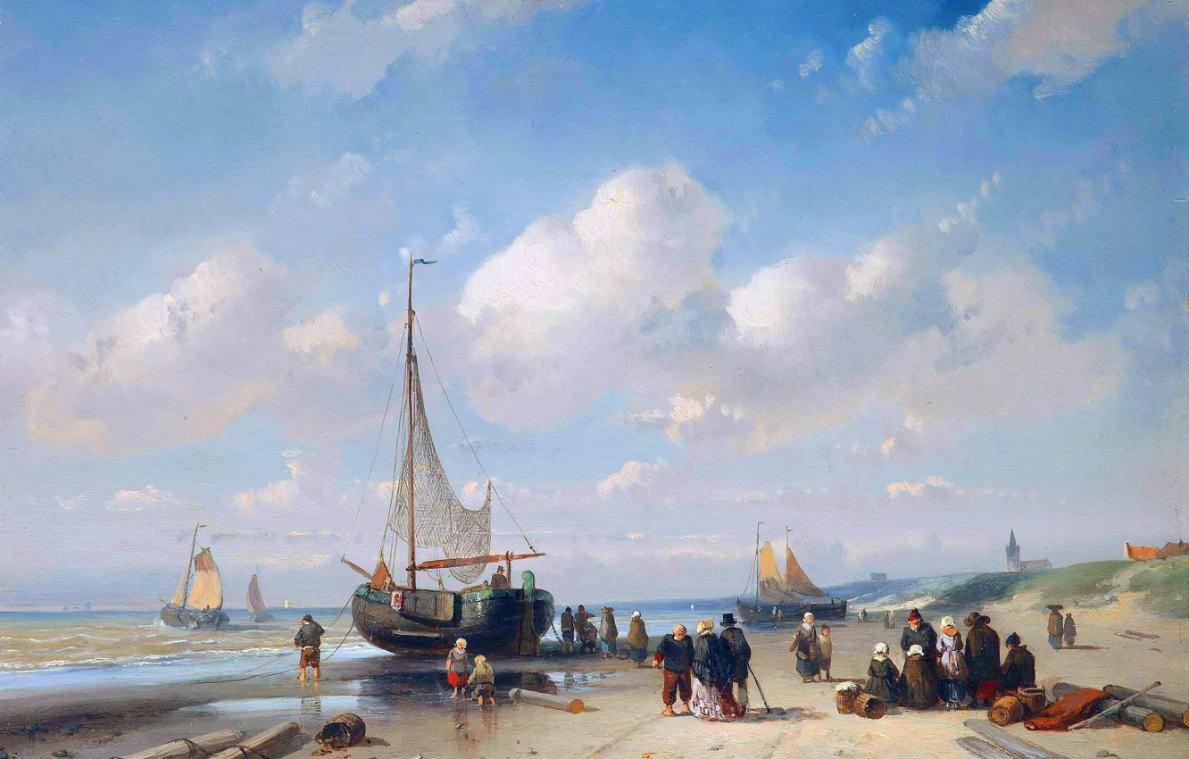 Photo wallpaper Shore, People, Clouds, Picture, Ships, Scheveningen, On the beach, Charles Leickert