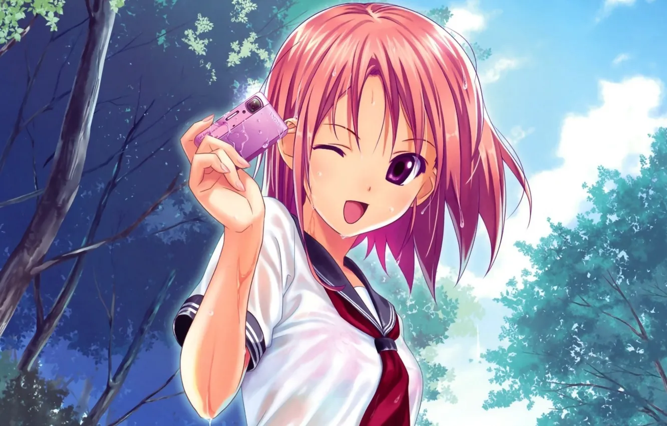 Photo wallpaper drops, the camera, girl, schoolgirl, wink, blue sky, in the Park, sailor