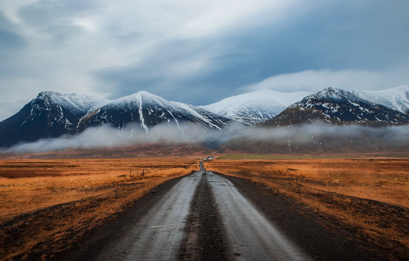 Photo wallpaper road, mountains, fog, Iceland