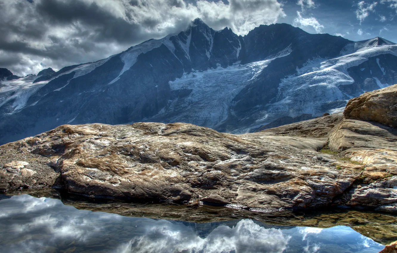 Photo wallpaper the sky, clouds, mountains, nature, lake, stones, Austria, Alps