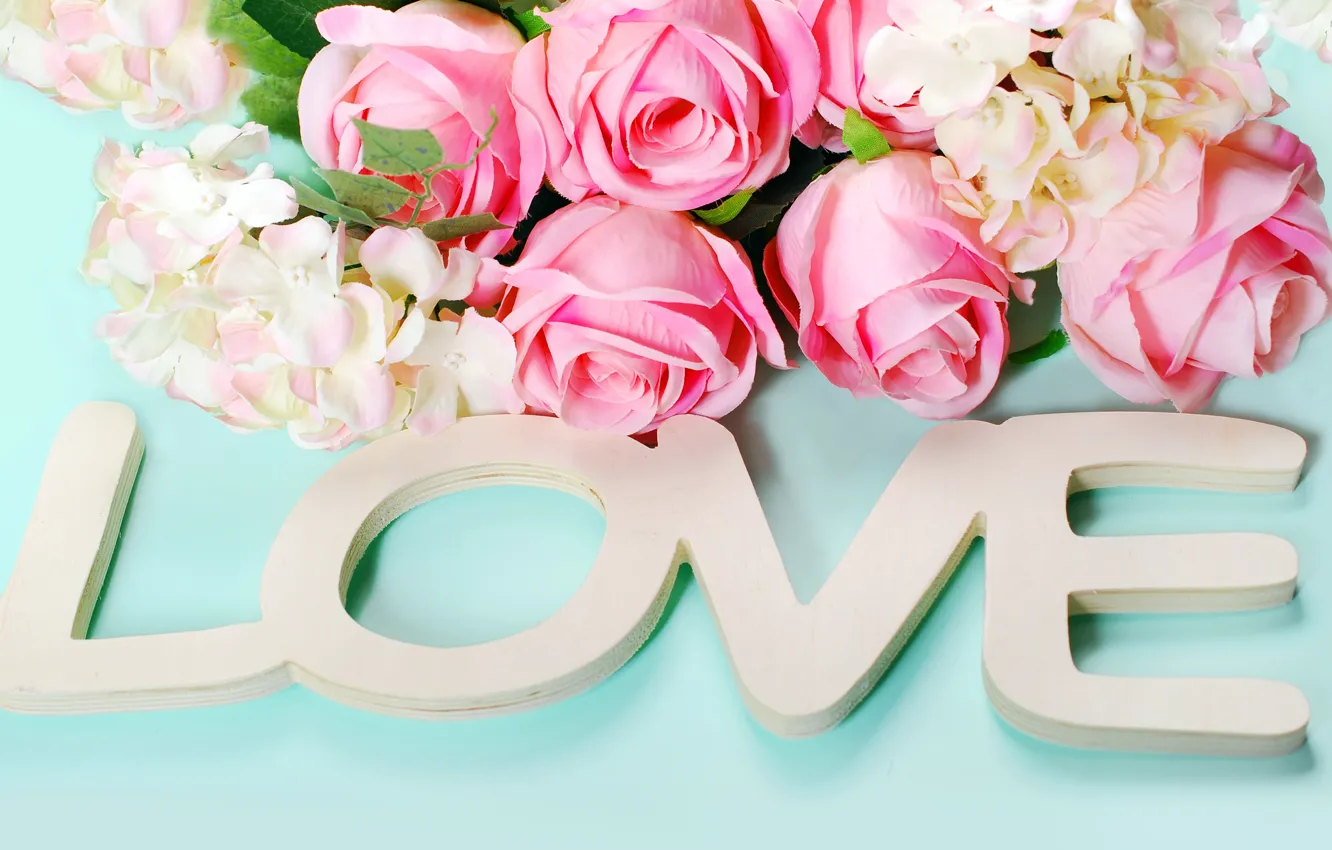 Photo wallpaper roses, hearts, love, heart, wood, pink, flowers, romantic