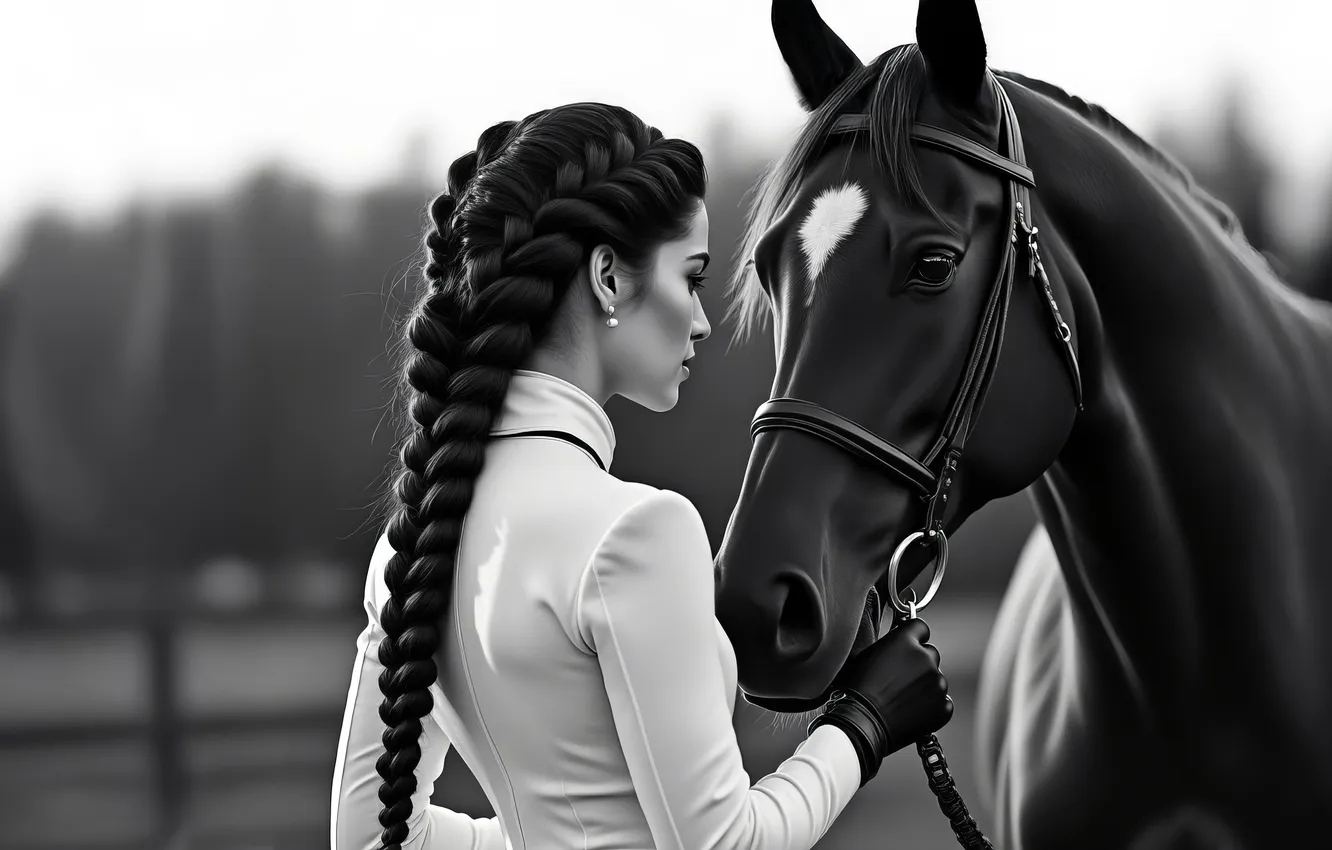 Photo wallpaper look, face, girl, pose, each, horse, horse, hairstyle