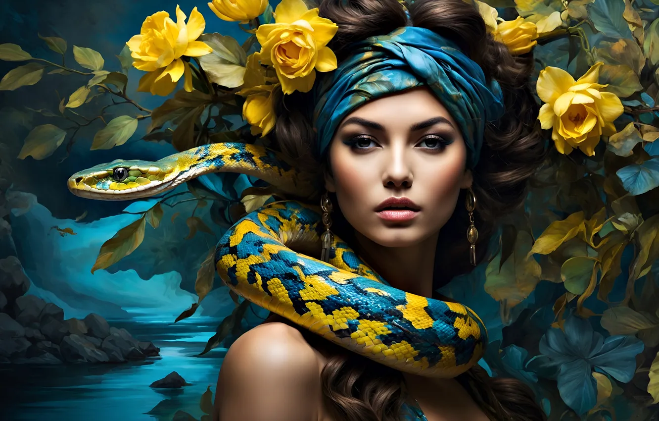 Photo wallpaper look, girl, flowers, pose, portrait, snake, Python, AI art