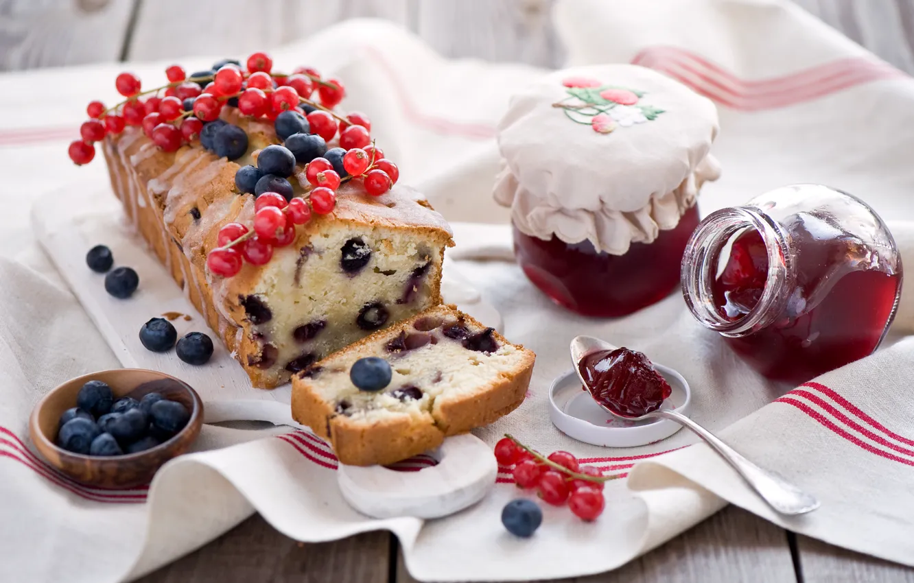 Photo wallpaper berries, still life, jam, cupcakes, blueberries, red currant