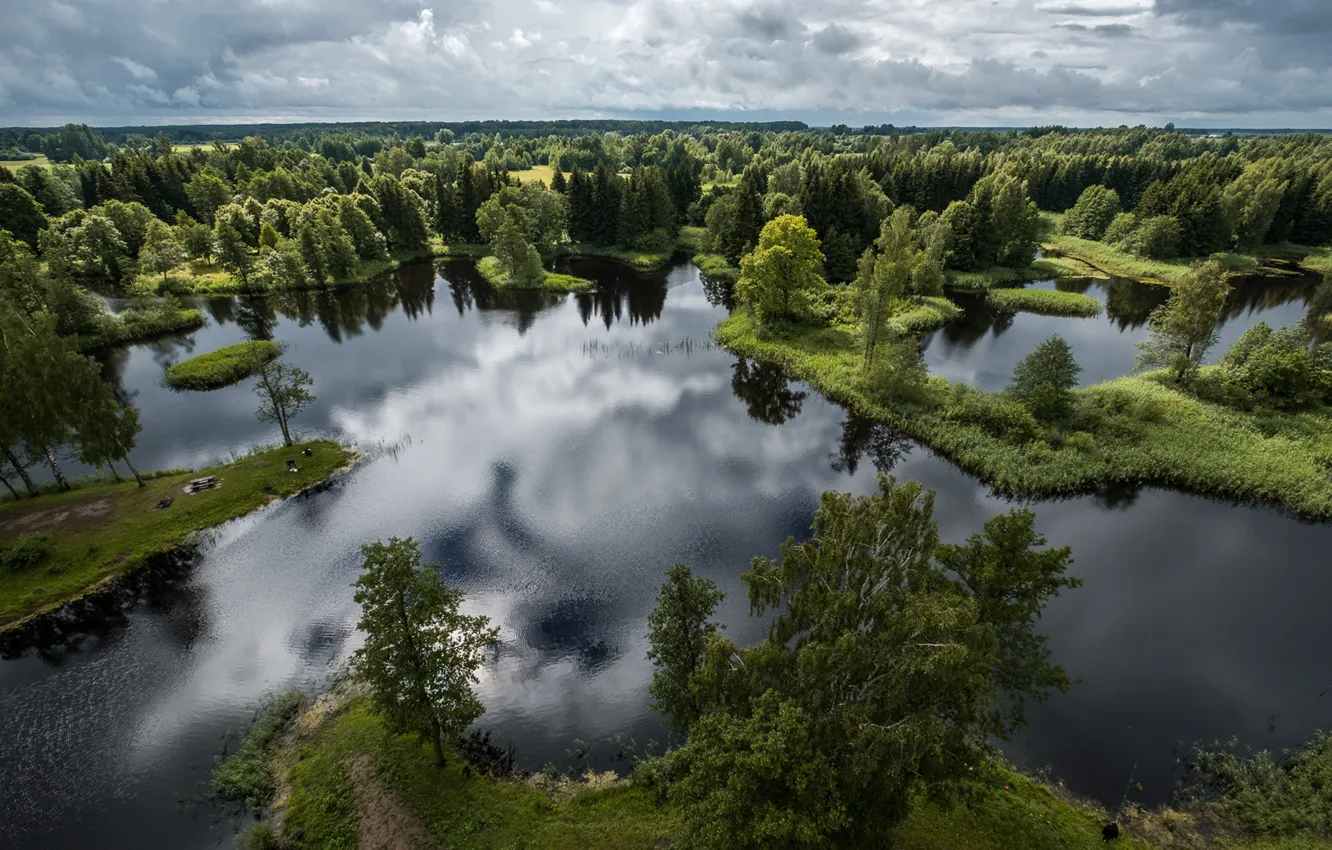 Photo wallpaper forest, trees, panorama, lake, Lithuania, Lithuania, Kirkilasa lake, Birzai