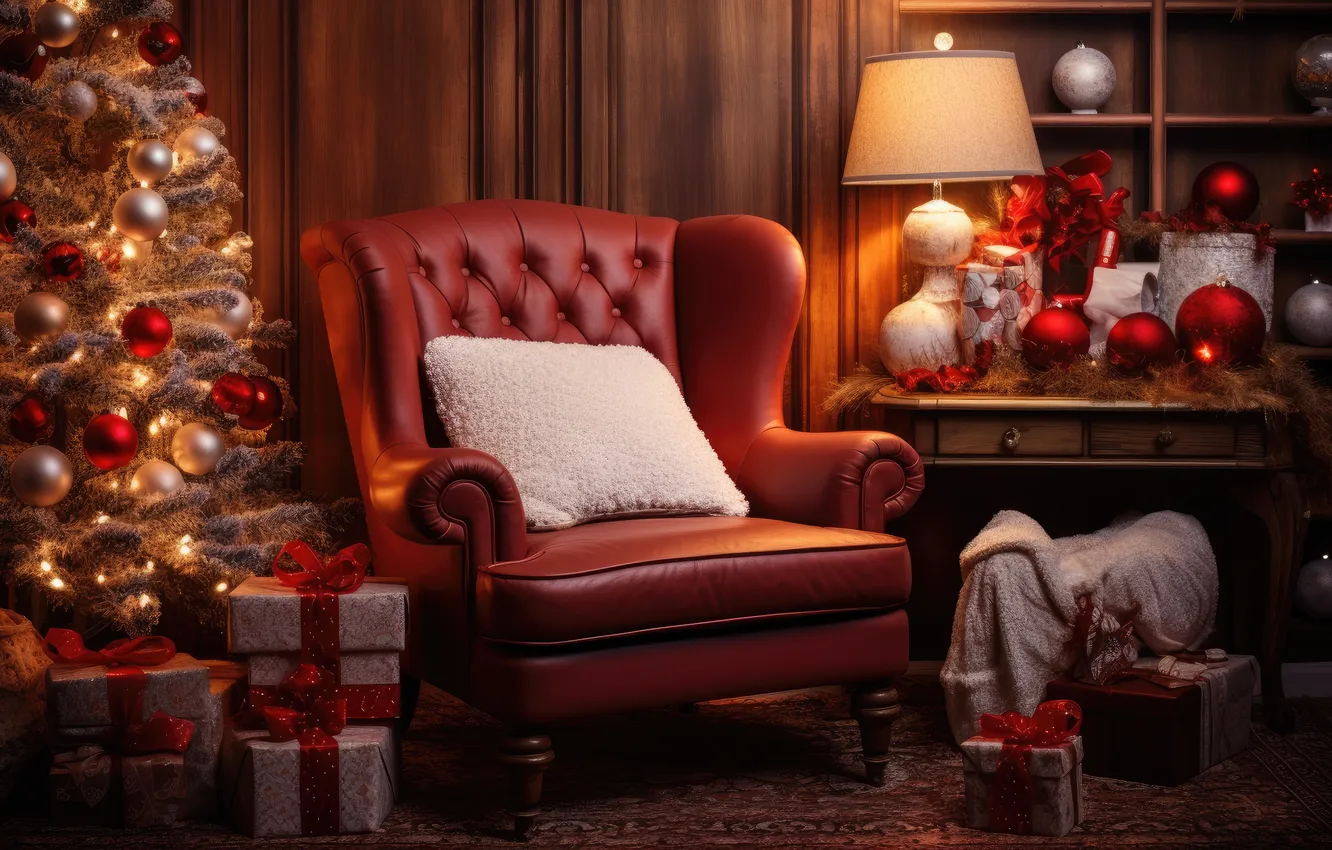 Photo wallpaper room, tree, new year, interior, chair, Christmas, Christmas, view