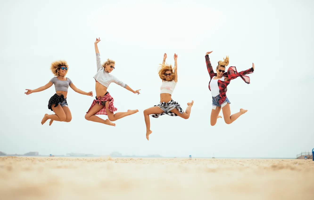 Photo wallpaper sand, sea, beach, the sky, girl, the sun, jump, shorts
