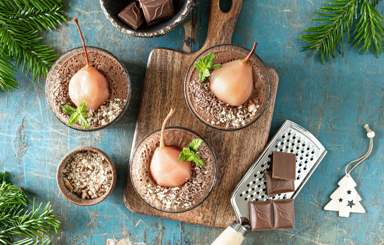 Photo wallpaper branches, glass, new year, chocolate, herringbone, pear, dessert, grater