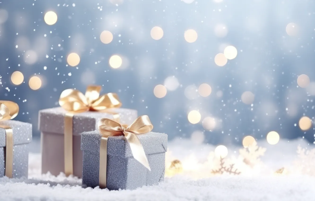 Photo wallpaper winter, snow, snowflakes, nature, gift, new year, Christmas, bow