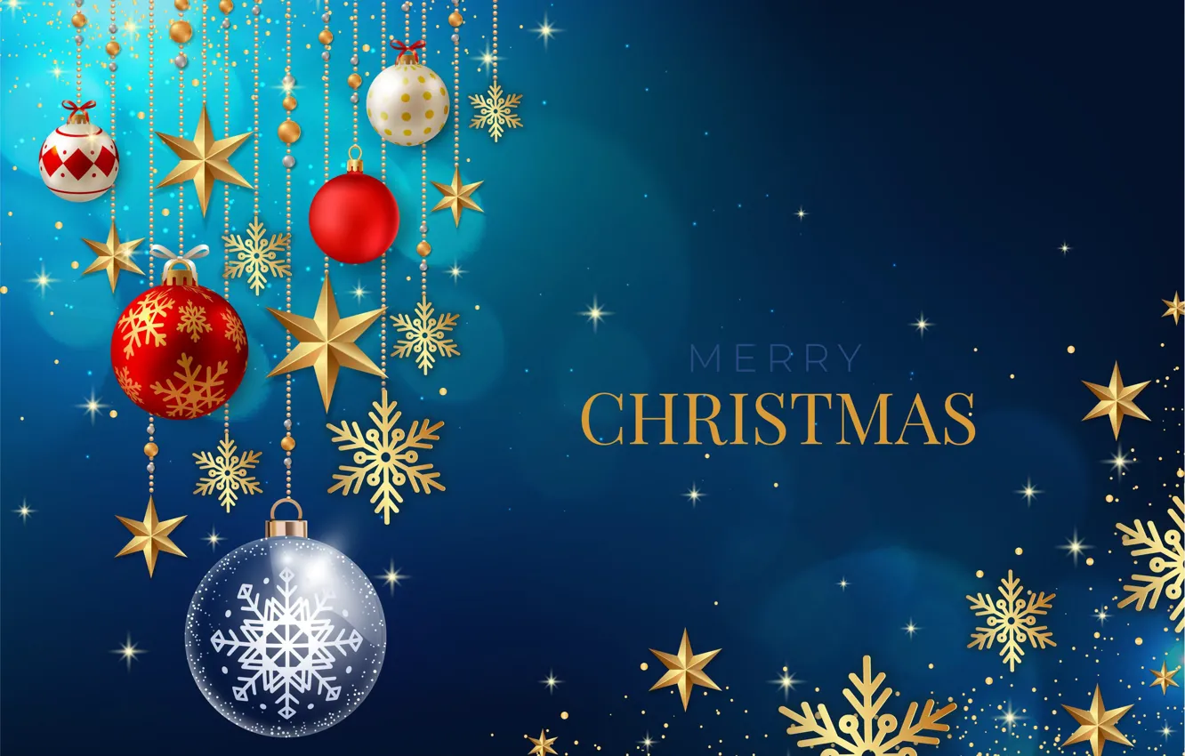 Photo wallpaper stars, balls, snowflakes, balls, new year, Christmas, blue background