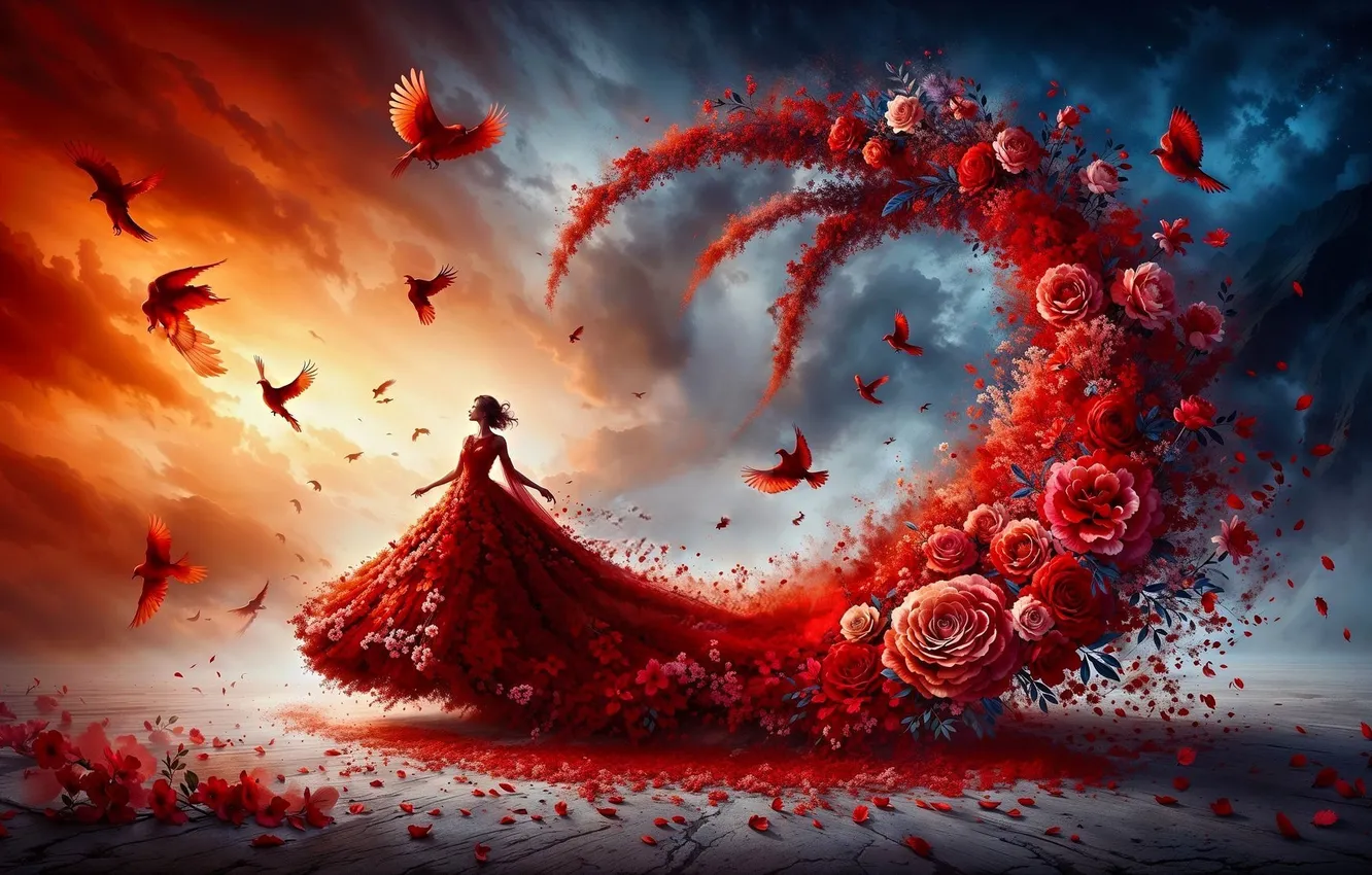 Photo wallpaper bird, flowers, girl, long dress, clouds, the sky, from ardentwanderer
