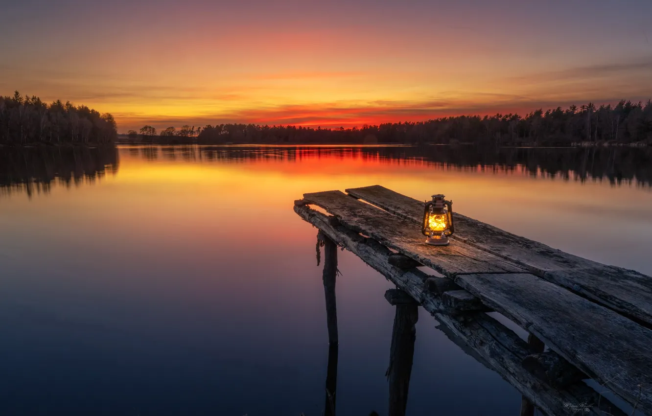 Photo wallpaper night, bridge, lake, lights