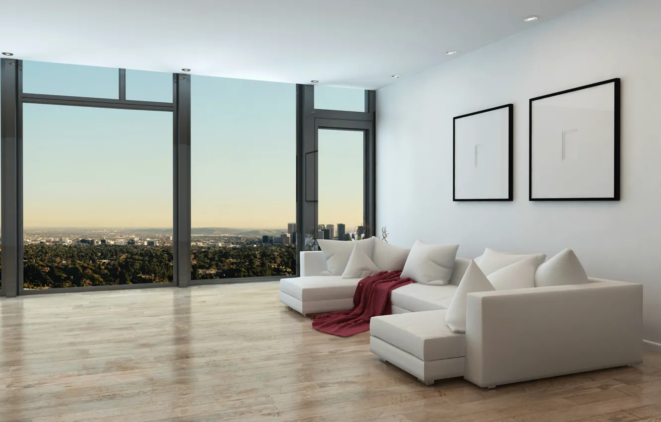 Photo wallpaper design, style, interior, minimalism, sofa, living room, Panoramic high-rise apartment, Panoramic high-rise apartment