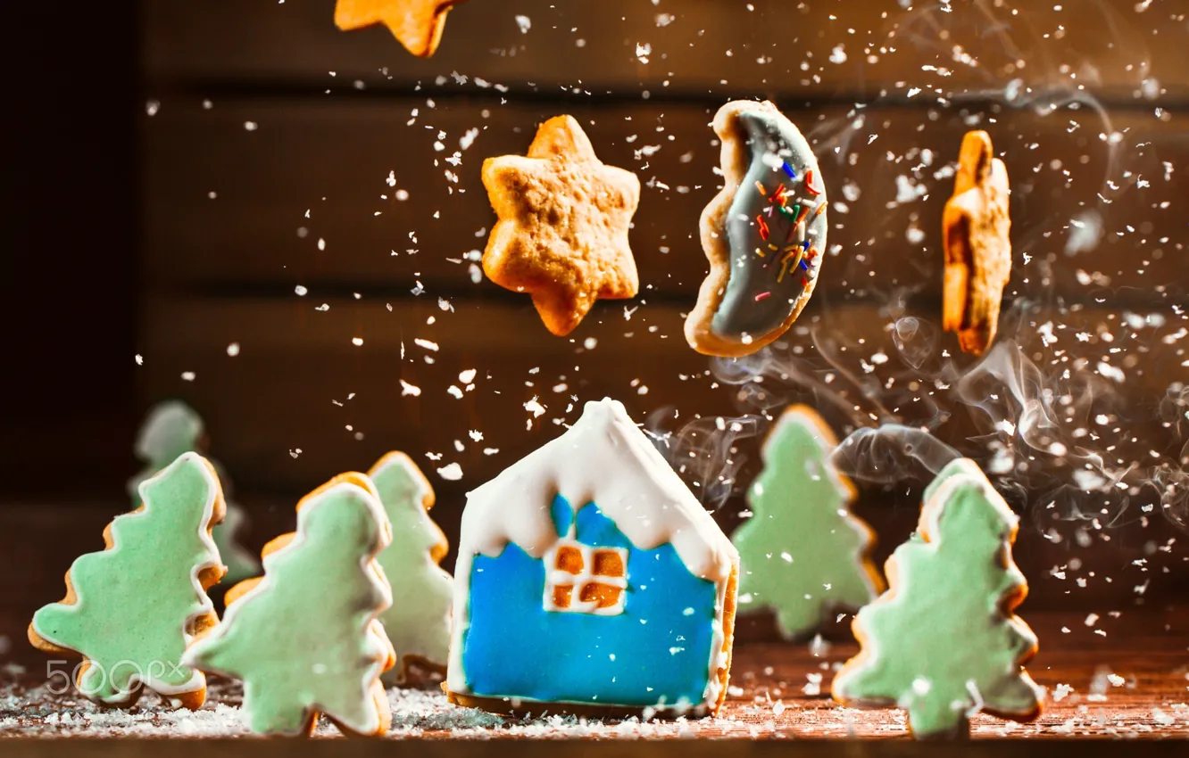 Photo wallpaper snow, new year, cookies, house, the coconut chip