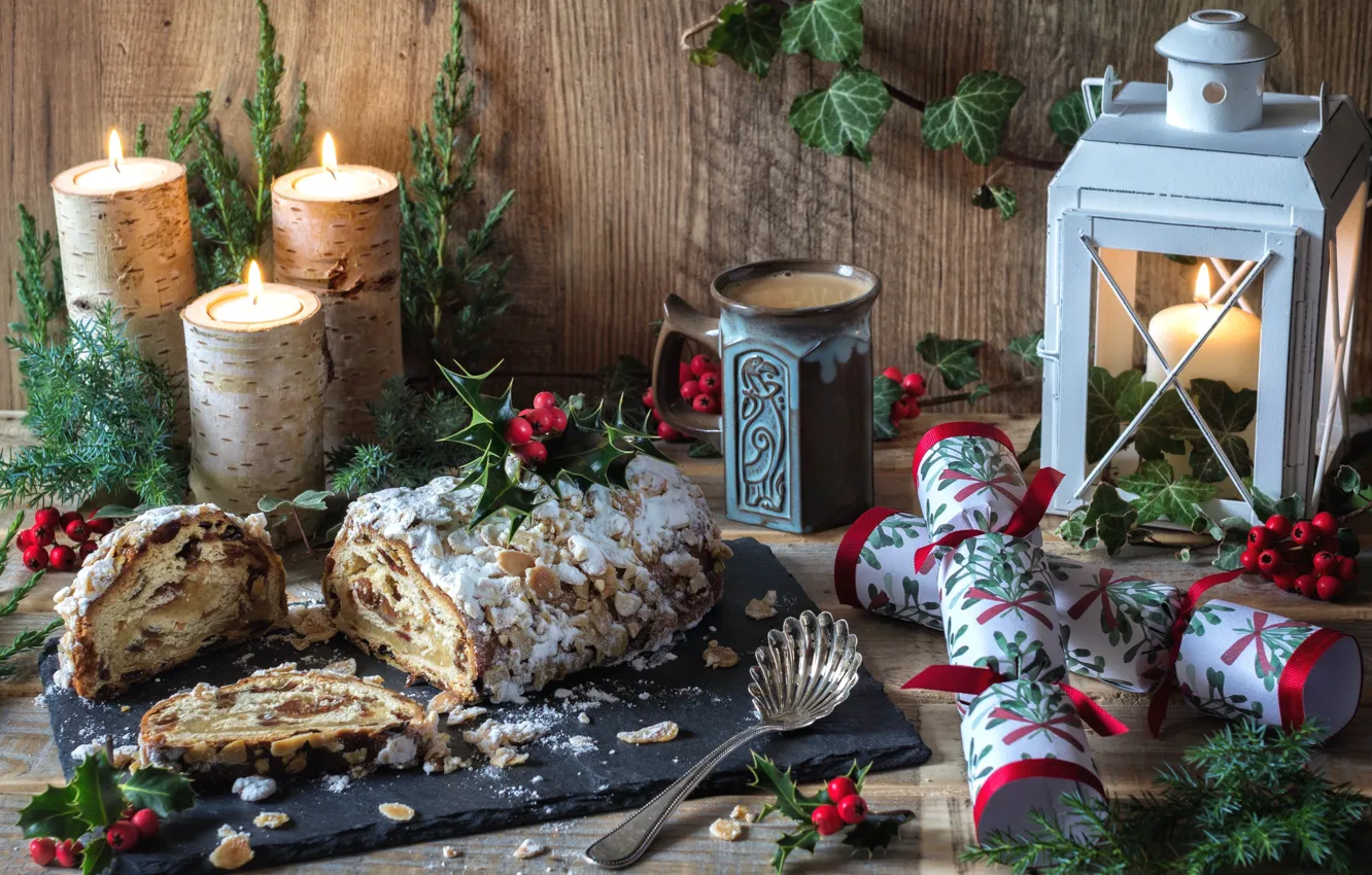 Photo wallpaper candles, pie, spoon, lantern, gifts, still life, Holly