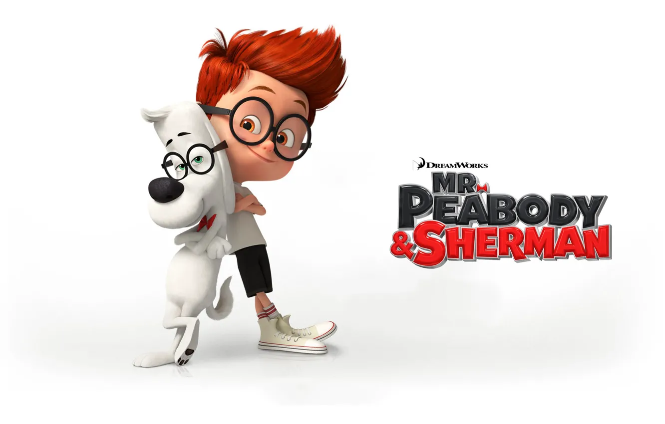 Photo wallpaper cartoon, dog, boy, glasses, white background, characters, Sherman, The adventures of Mr. Peabody and Sherman