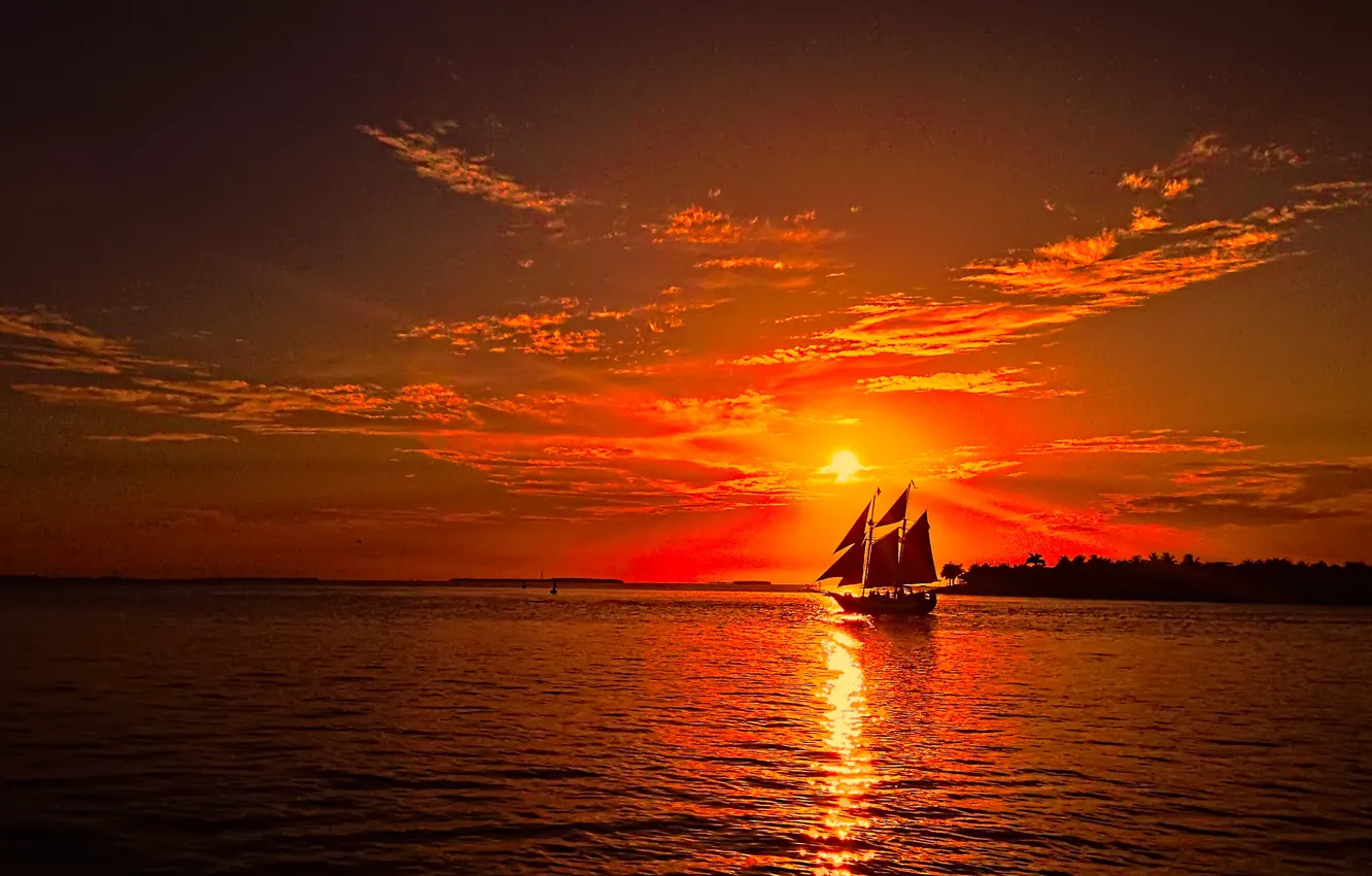 Photo wallpaper sea, the sun, sunset, red, shore, sailboat