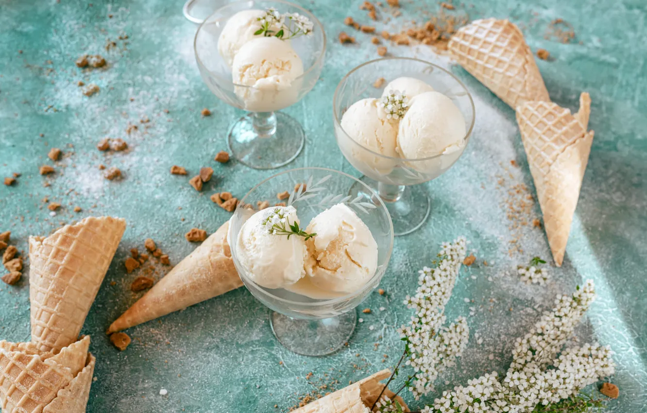 Photo wallpaper balls, flowers, spring, ice cream, cherry, ramekin, waffle cones