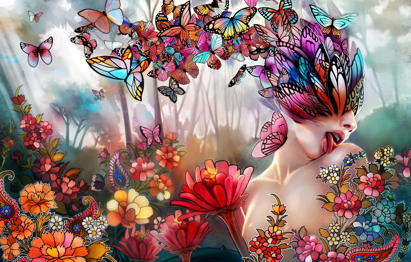 Photo wallpaper language, girl, butterfly, flowers, collage, art