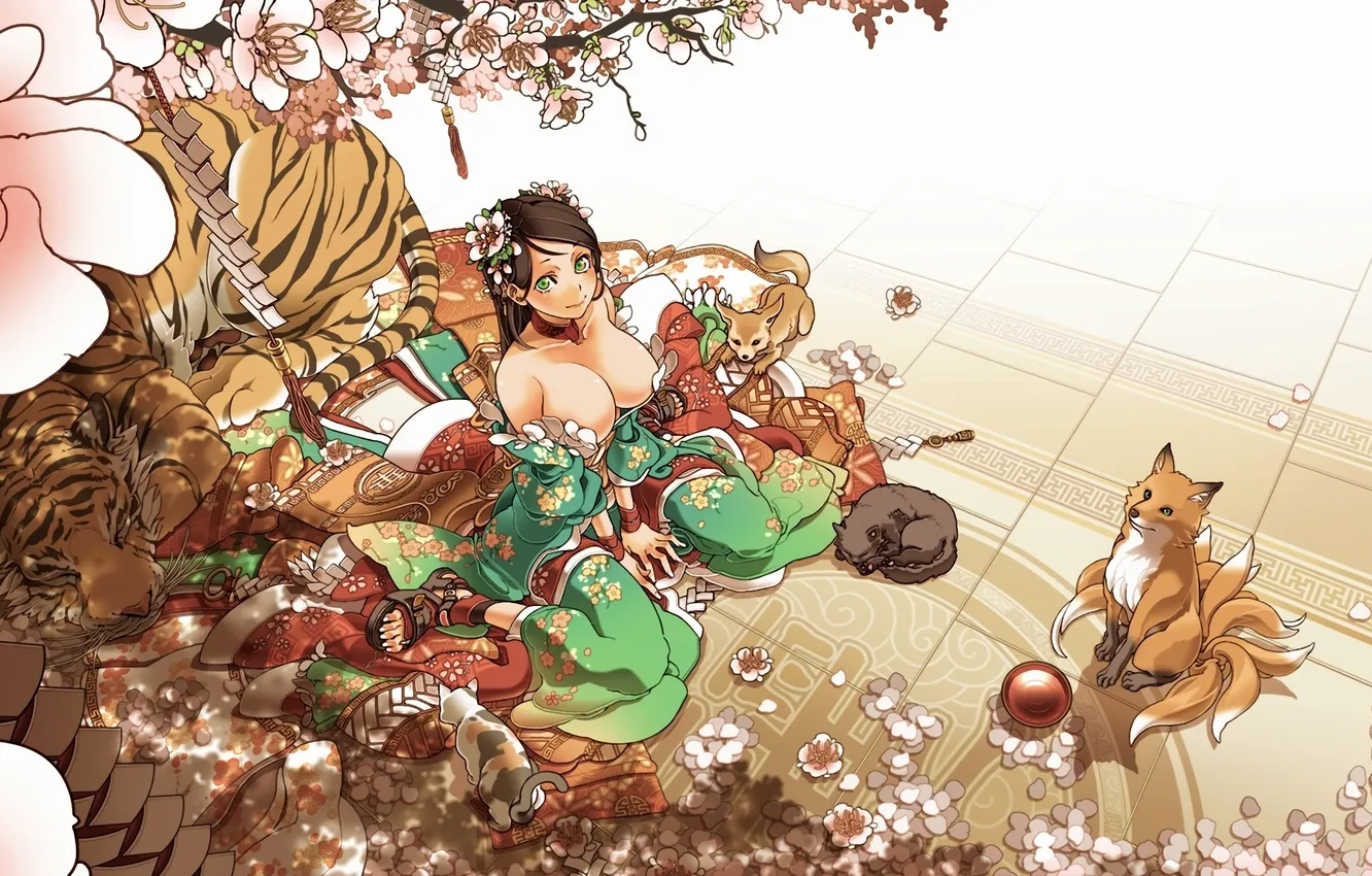 Photo wallpaper cat, girl, trees, flowers, tiger, Sakura, Fox