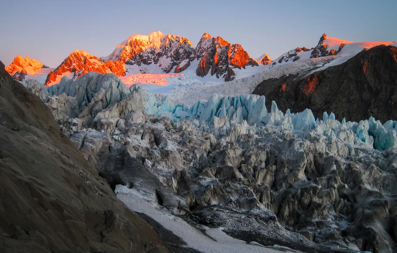 Photo wallpaper winter, snow, mountains, dawn, tops, glacier