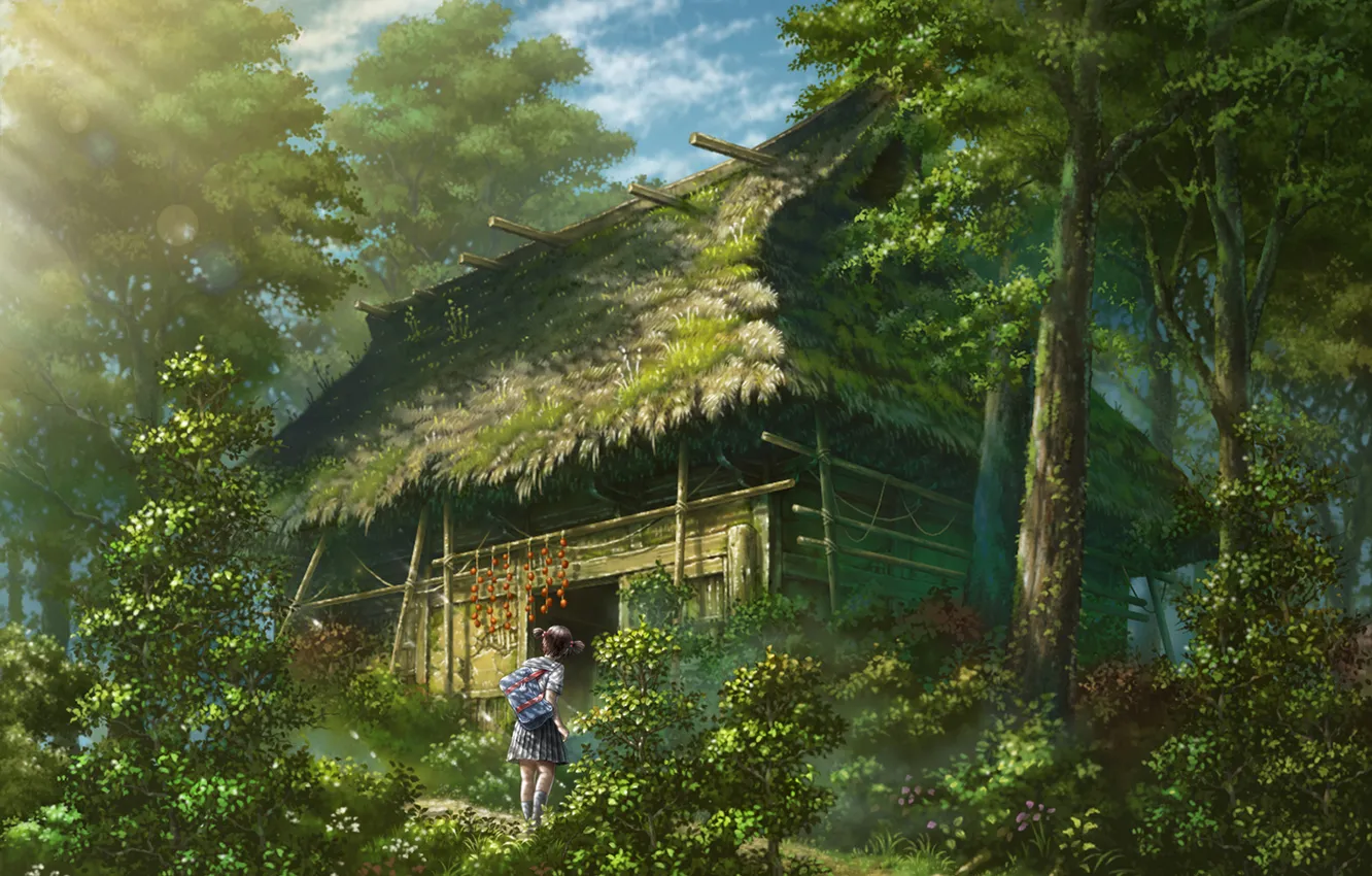 Photo wallpaper forest, girl, hut